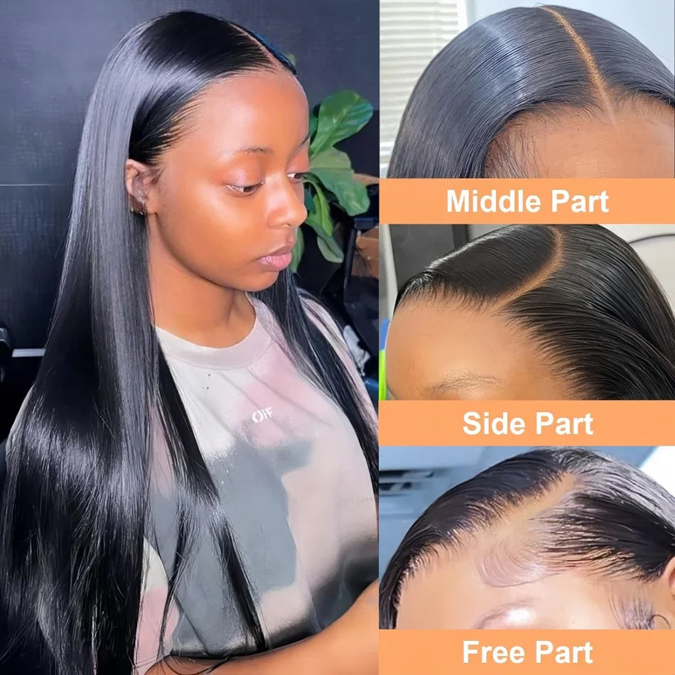 Model showing different parts on a long straight black wig