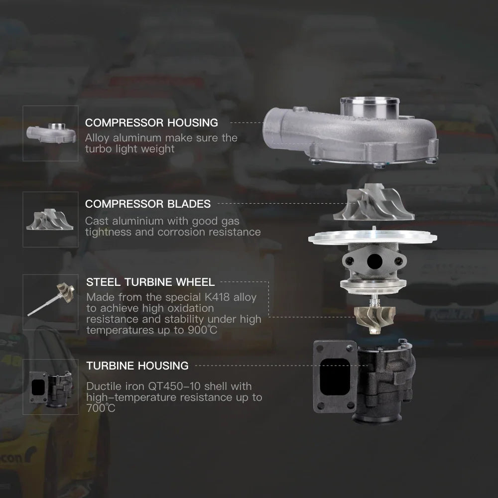 Exploded view diagram of turbocharger components with technical labels