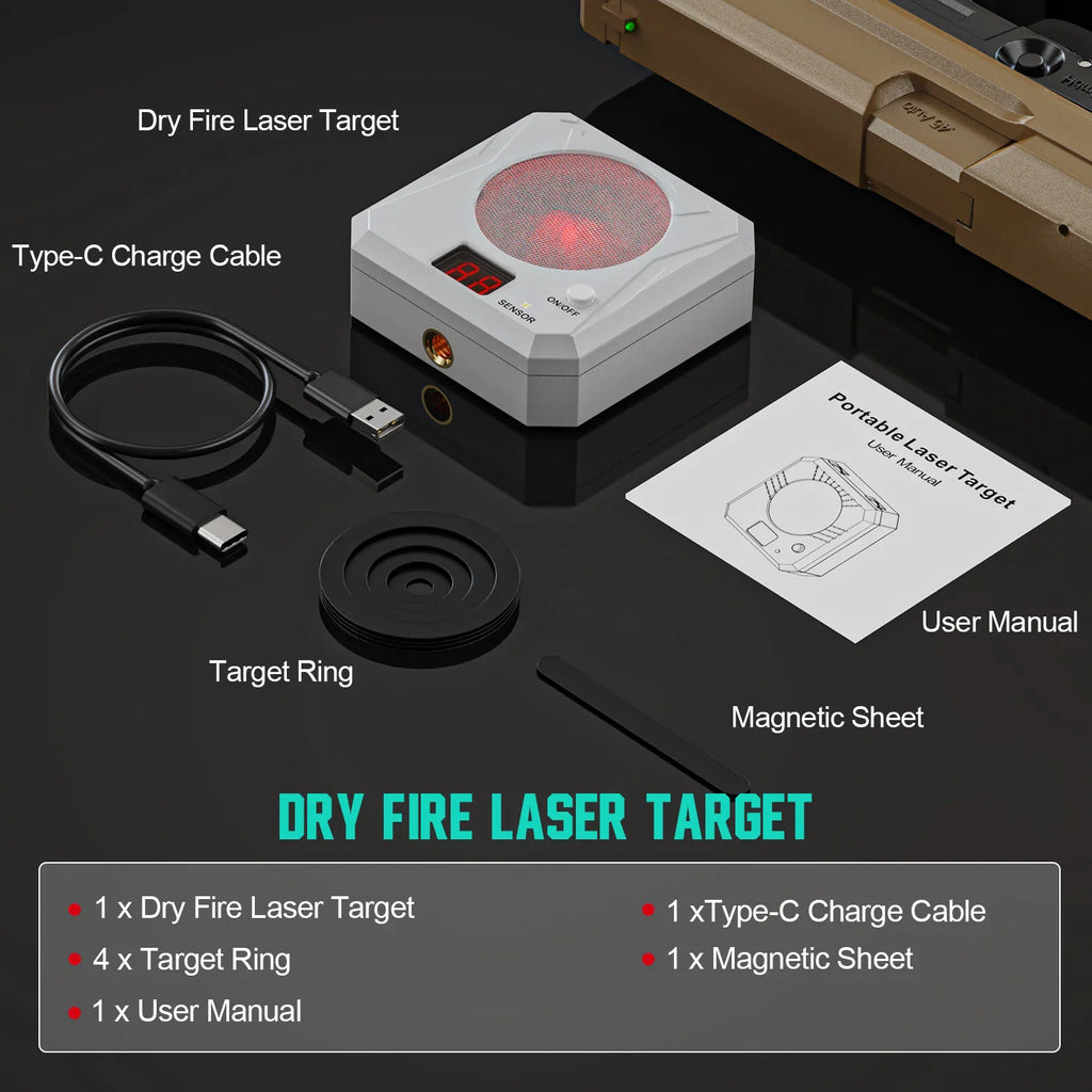Electronic laser target set with charging cable, magnetic sheet, target rings and user manual