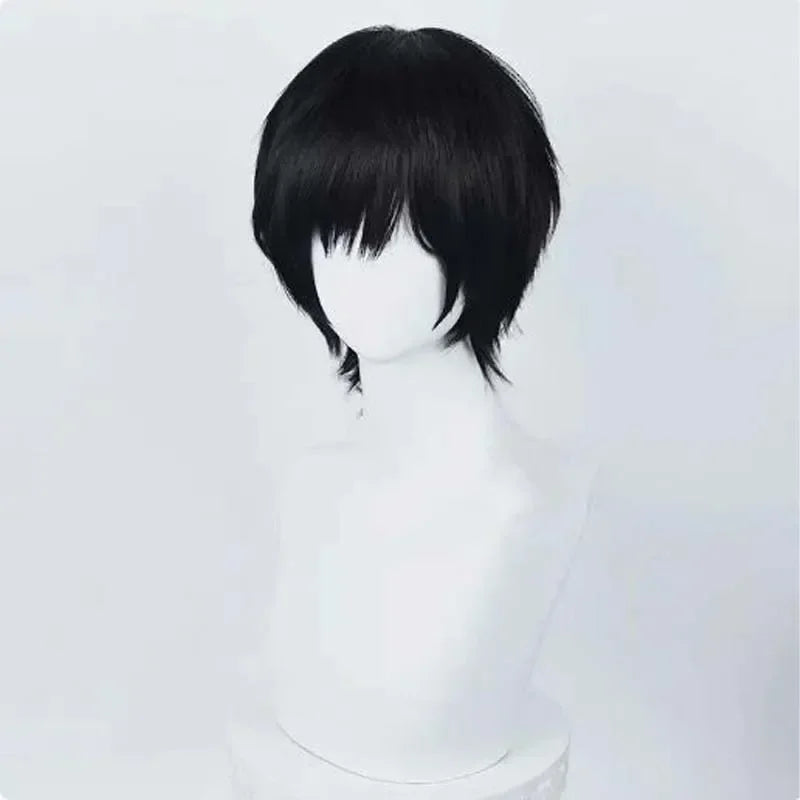 Short black layered cosplay wig on a white mannequin head, front view