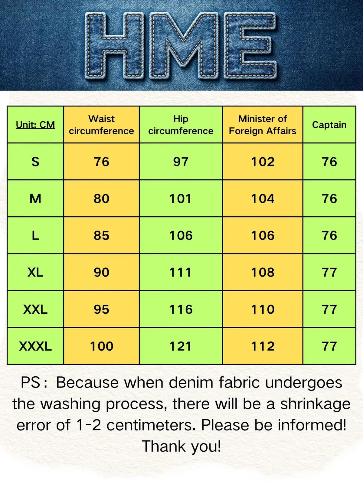 Size chart table for men's denim pants