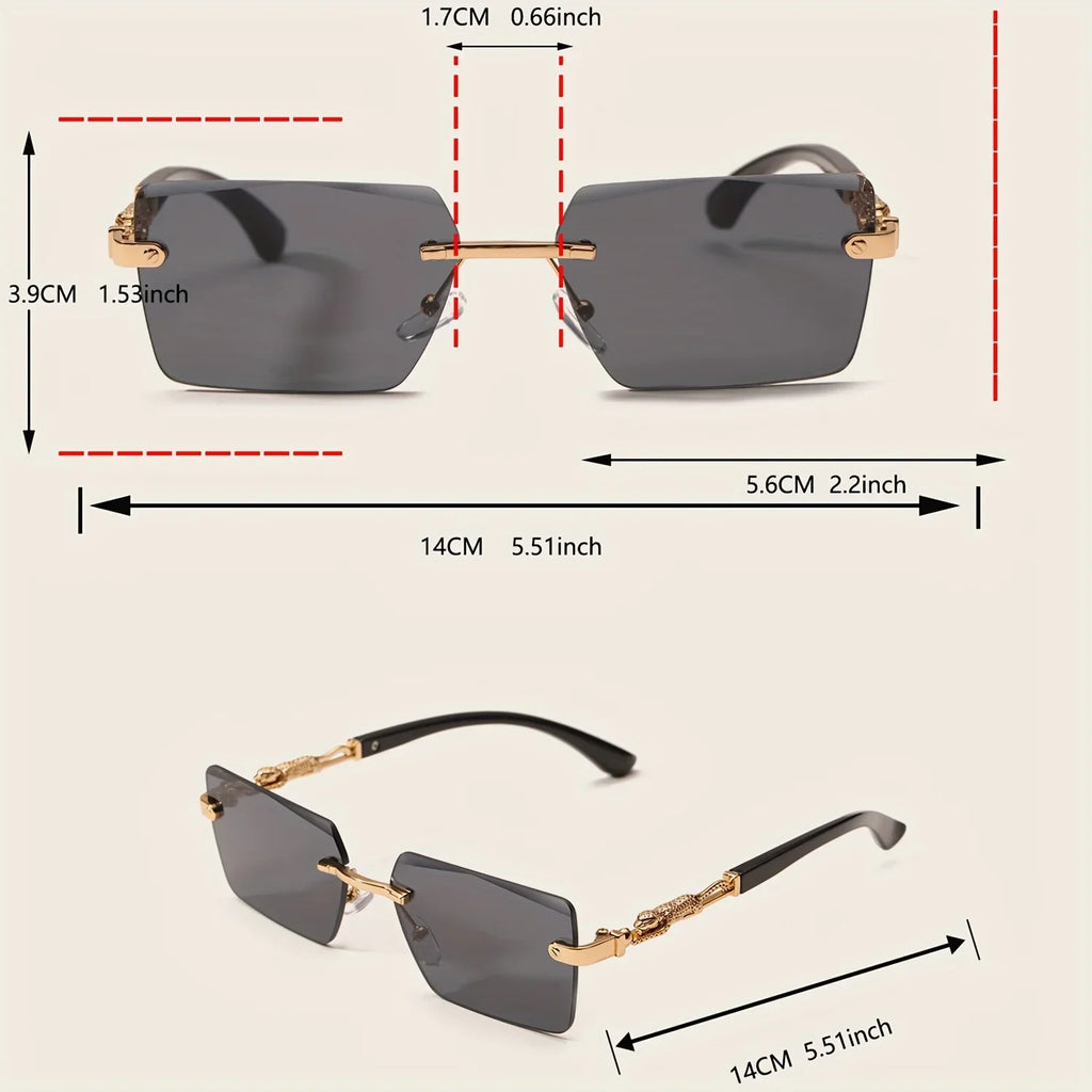 Rimless rectangular sunglasses with black lenses shown with dimensions and measurements