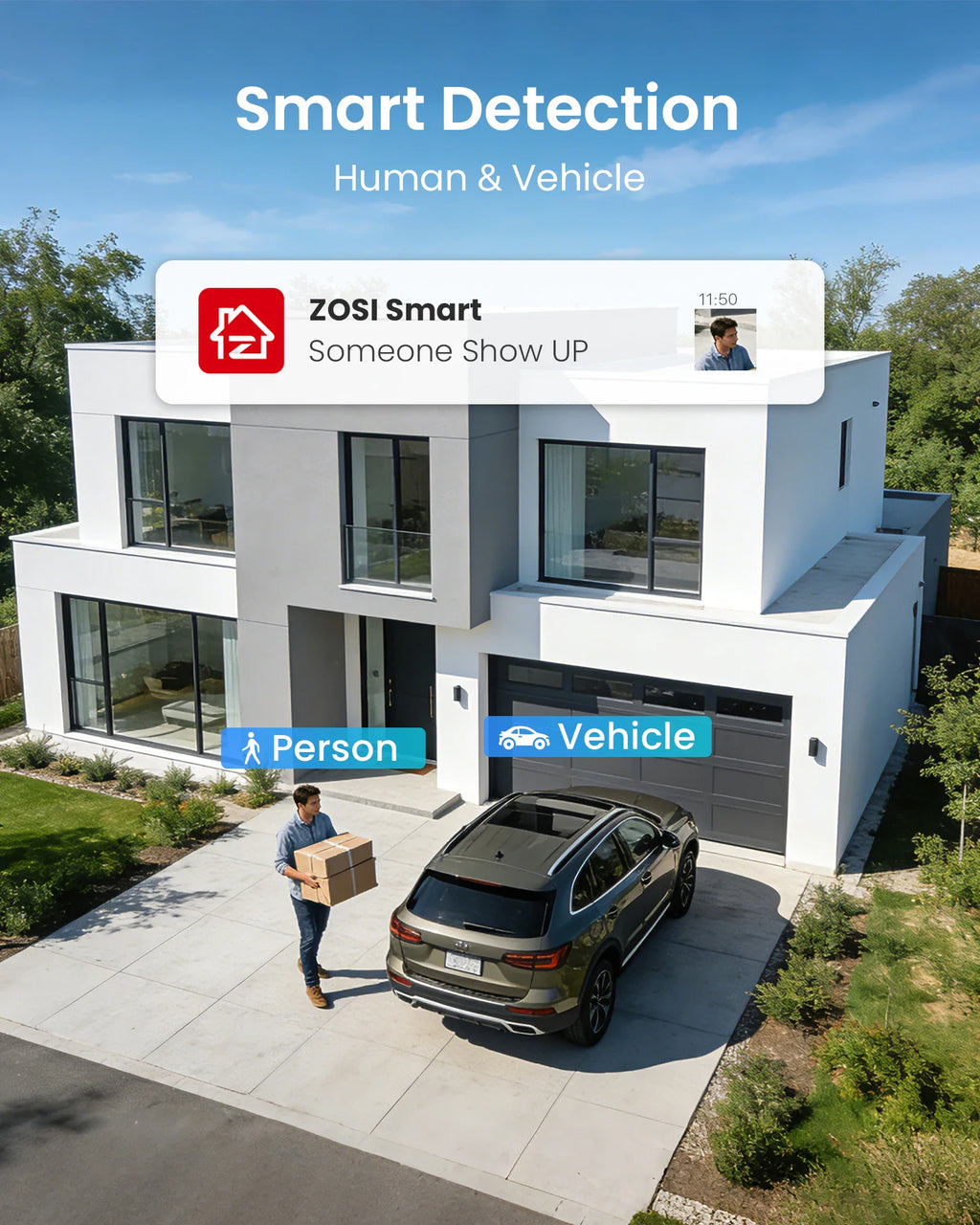 A house exterior with security motion detection alerts for a person carrying a box and a car shown on a smartphone.