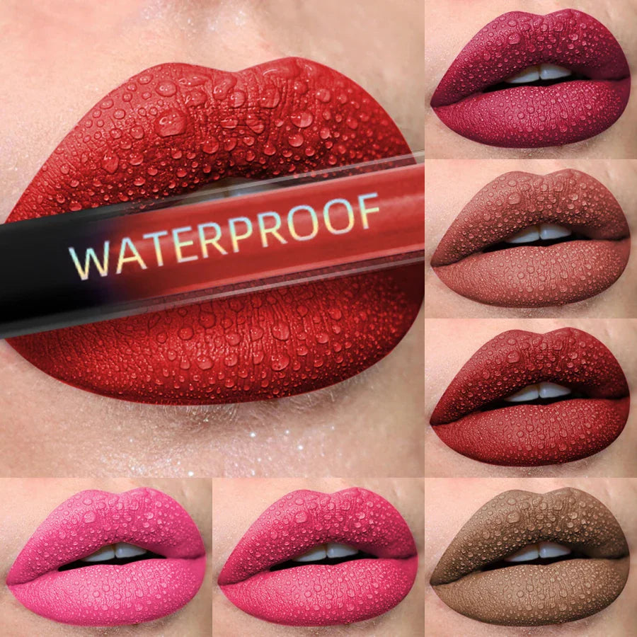 Collection of various matte liquid lipstick shades applied on lips with water droplets