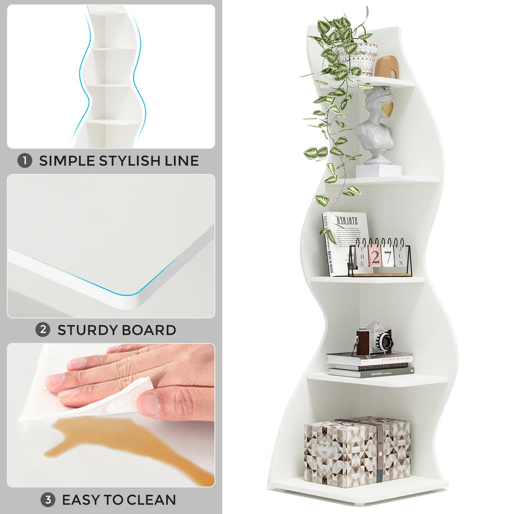 White 5-tier wavy corner shelf showing design features like sturdy boards and easy cleaning