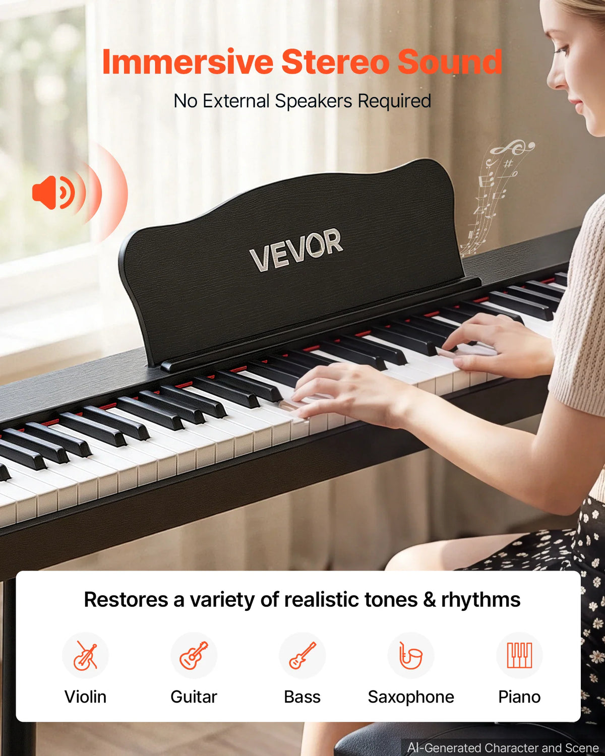 Woman playing a black 88-key digital piano with sound settings and musical instrument icons overlaid