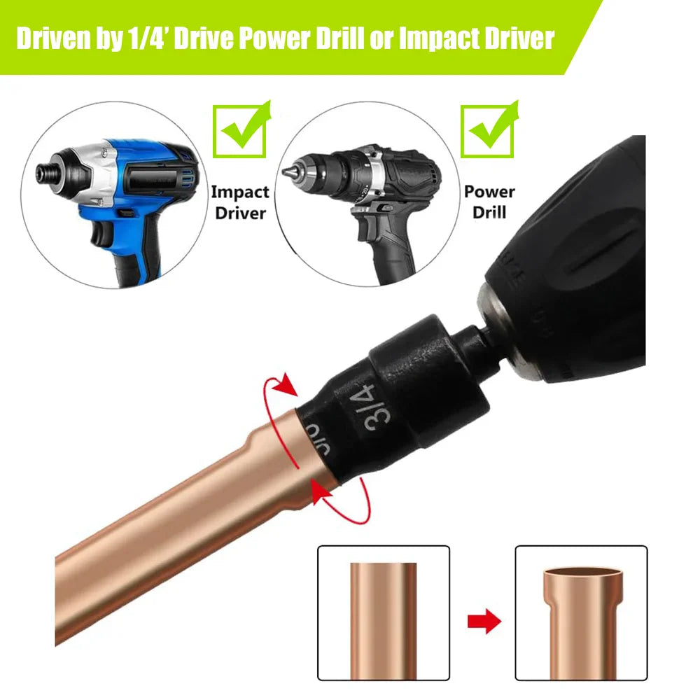 Copper pipe expansion tool demonstrating compatibility with an impact driver and power drill