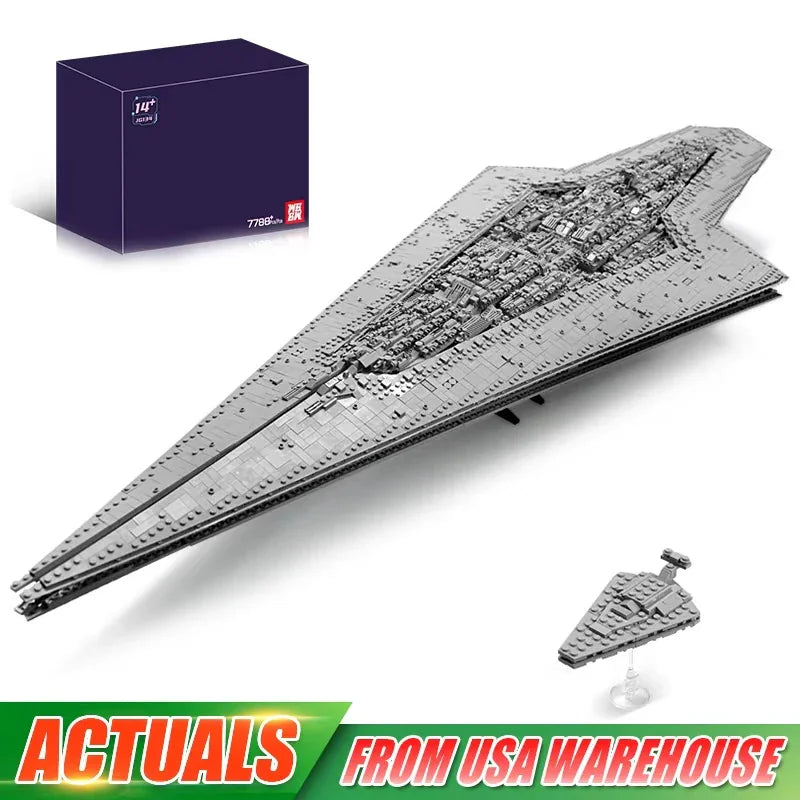 Grey star dreadnought building block model with display base and small ship