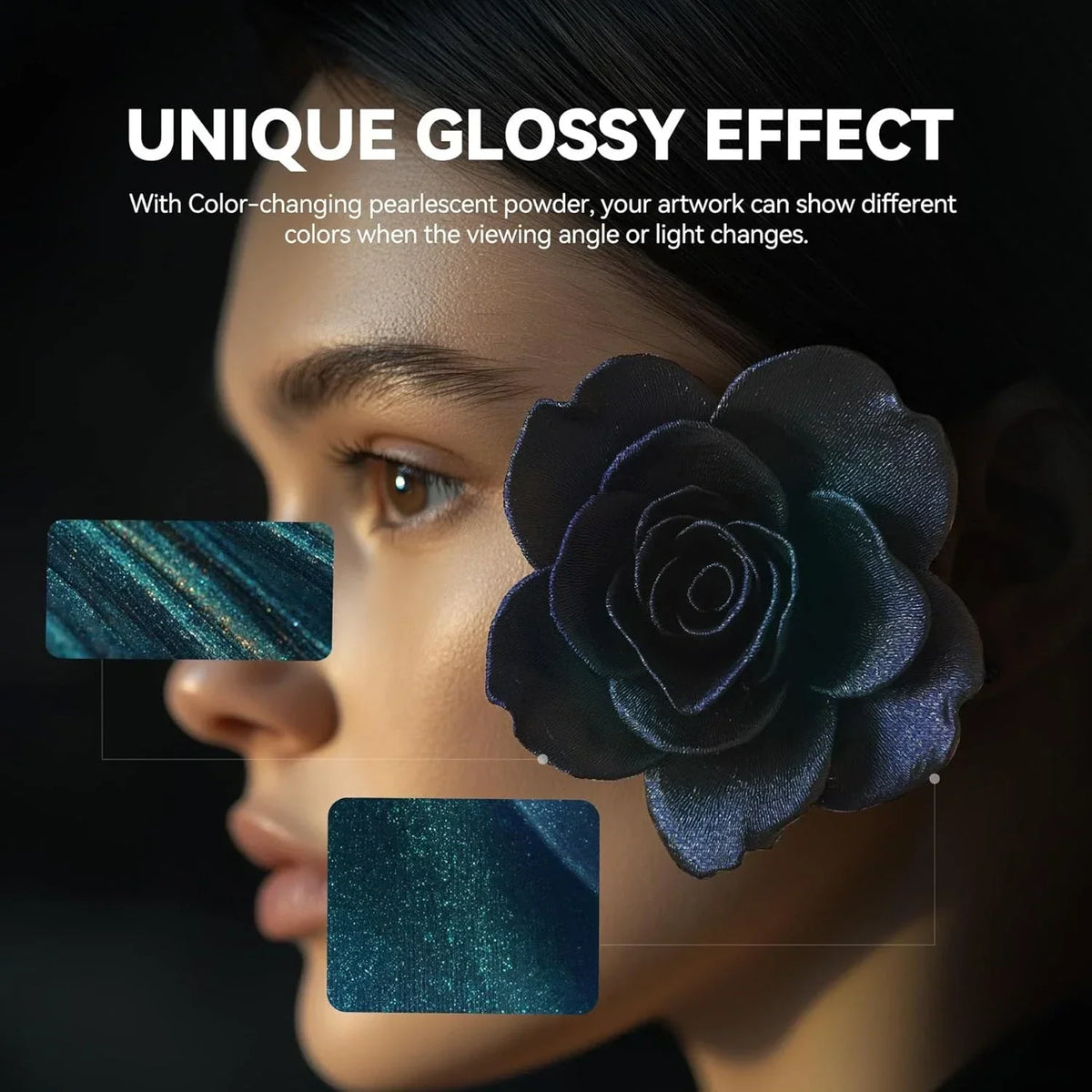 Close up of a 3D printed black rose flower with color shifting glitter effect