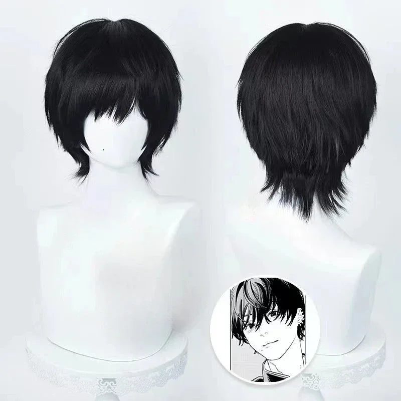 Short black cosplay wig on a mannequin head, shown from front and back view