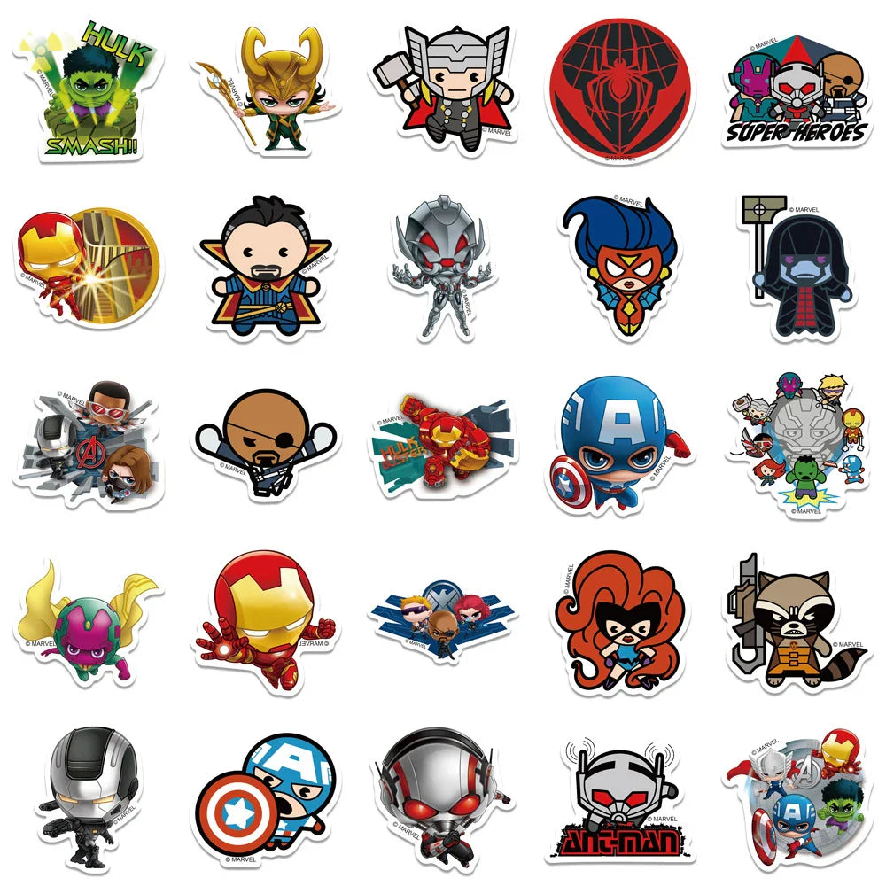 A grid of assorted small chibi-style cartoon superhero stickers