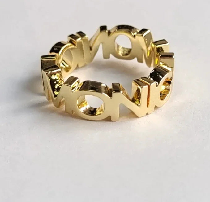 Gold-colored custom name initial letter ring for women