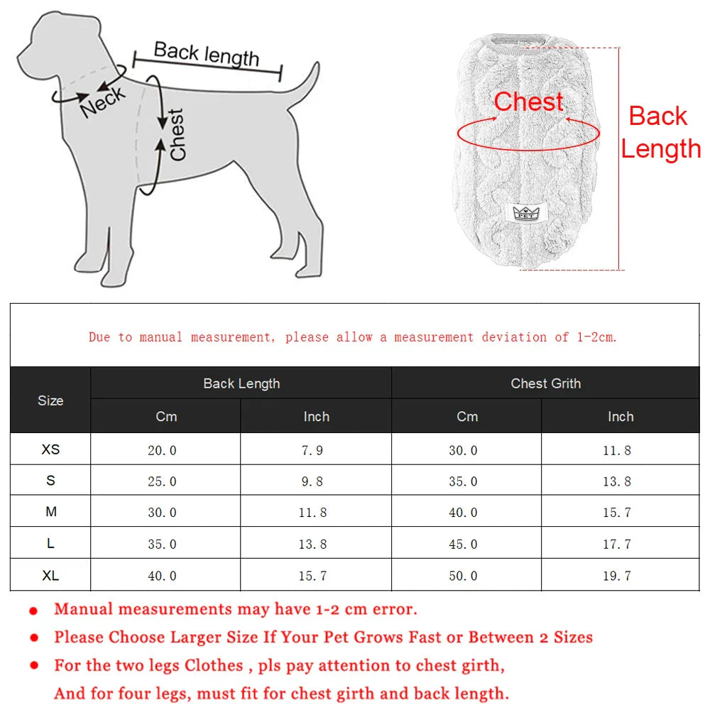 A size guide chart for dog clothes showing measurements and diagrams.