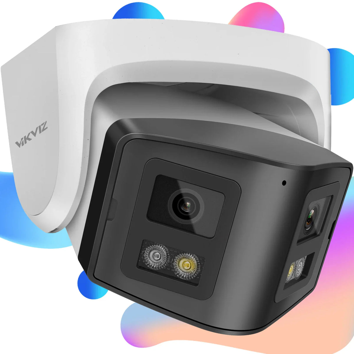 Dual lens panoramic security camera in white and black housing