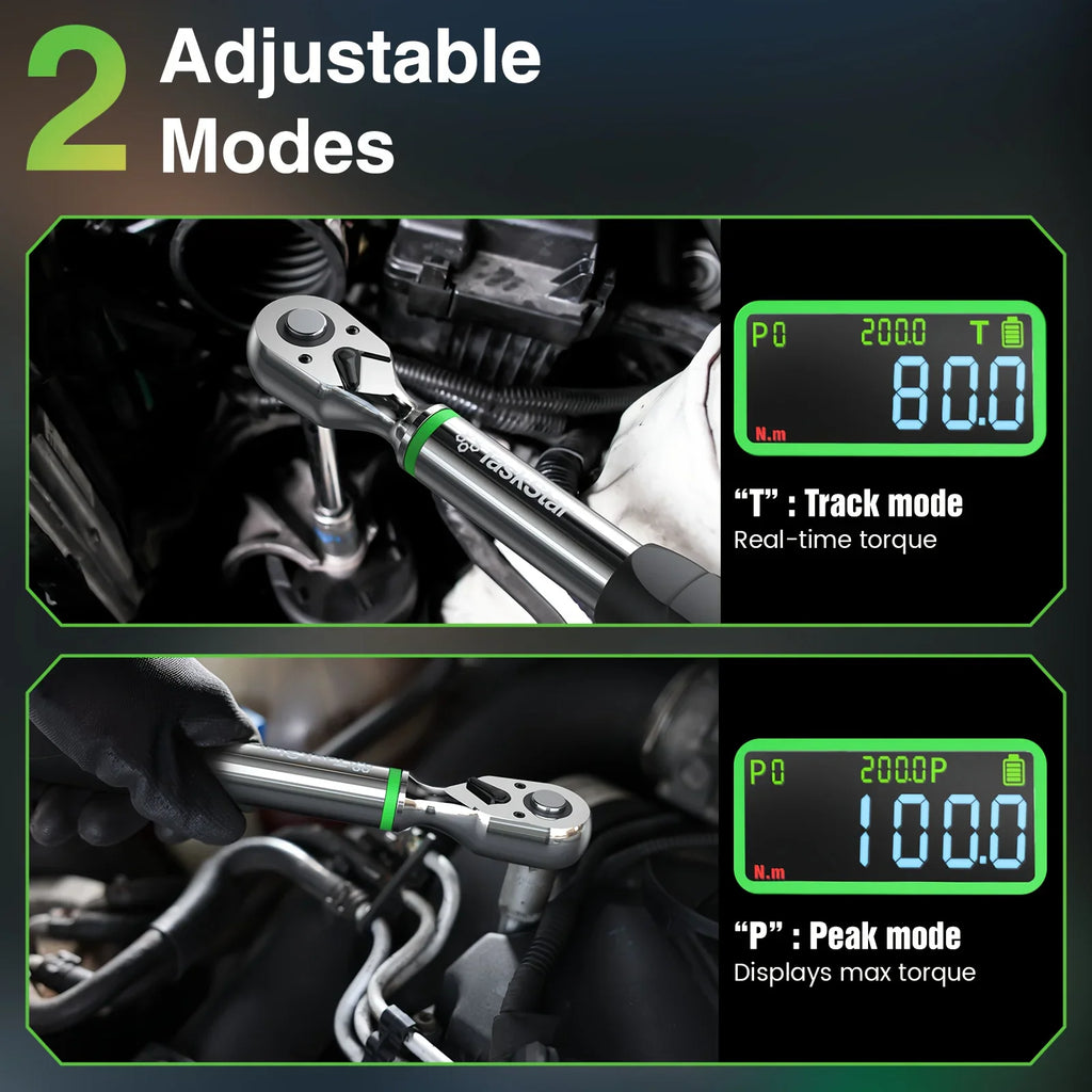 Two digital screens showing different torque wrench operating modes