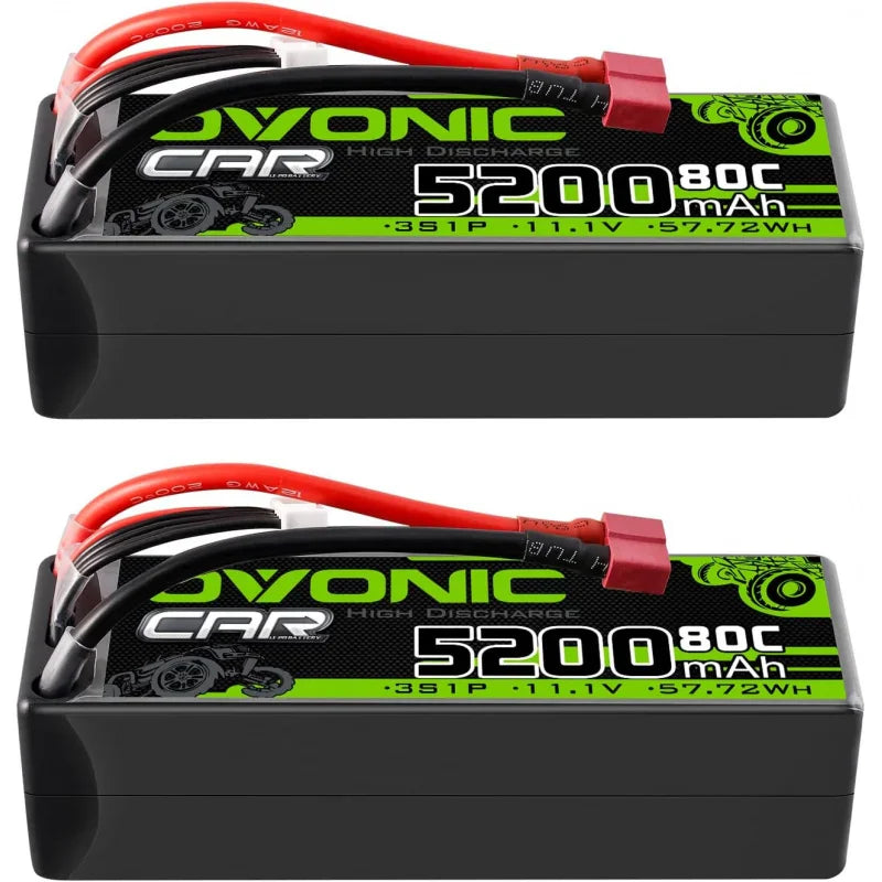 Two Ovonic 11.1V 5200mAh 80C LiPo hardcase batteries with Deans plugs and a voltage checker alarm.