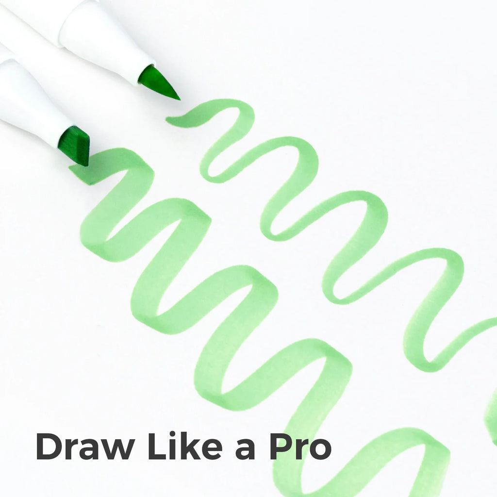 Green marker brush and chisel tips drawing wavy lines on paper