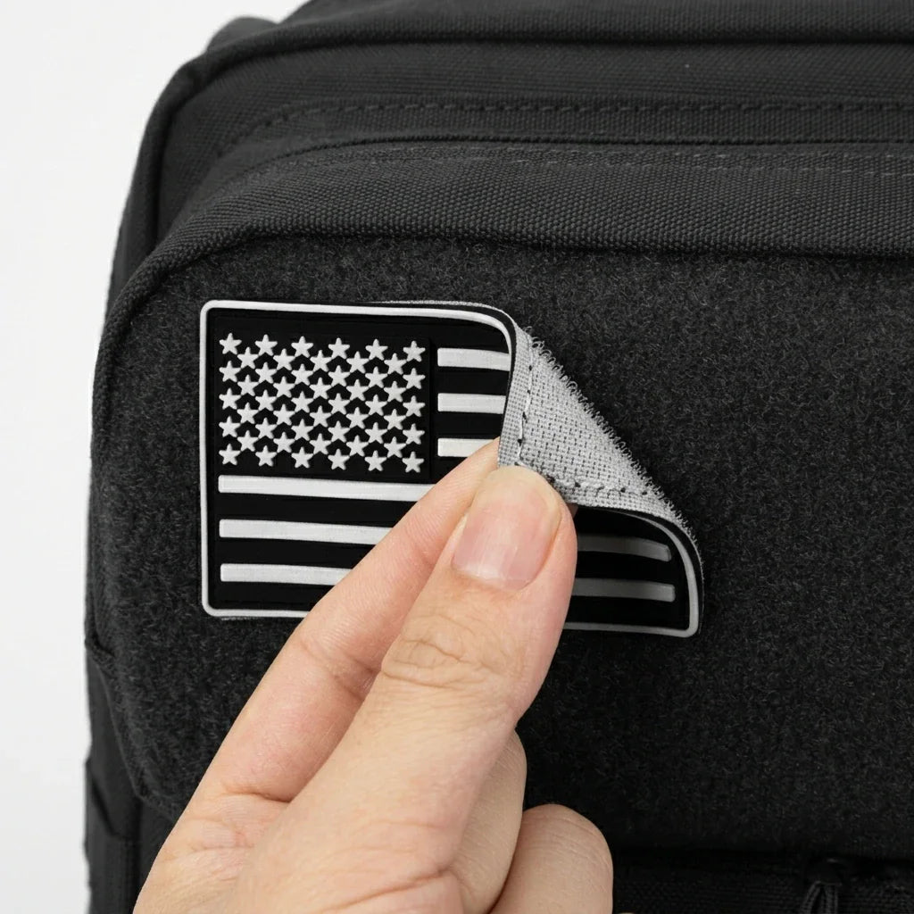 Close-up of a hand peeling a removable American flag patch from the velcro section of a black backpack.