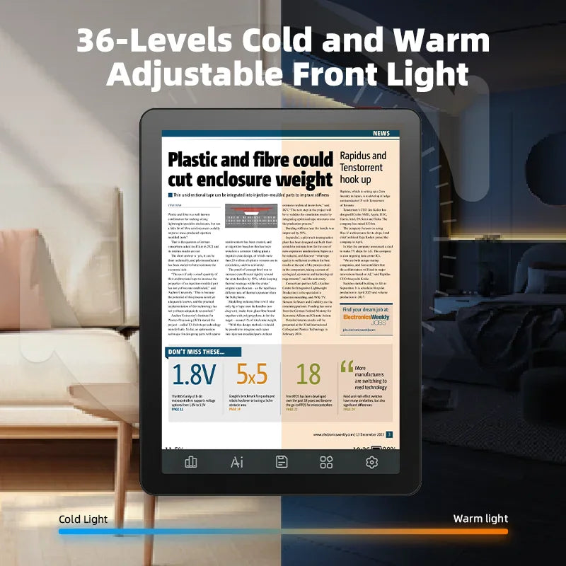 Electronic reader displaying newspaper page with adjustable light settings.