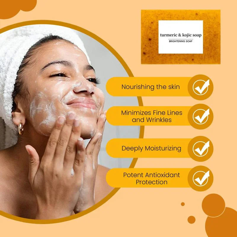 Woman washing face with turmeric and kojic soap benefits listed