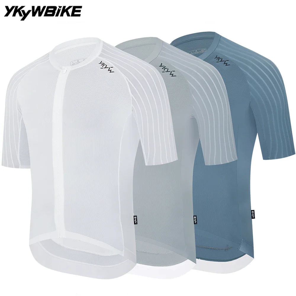 Men's short sleeve cycling jerseys in white, light grey, and blue
