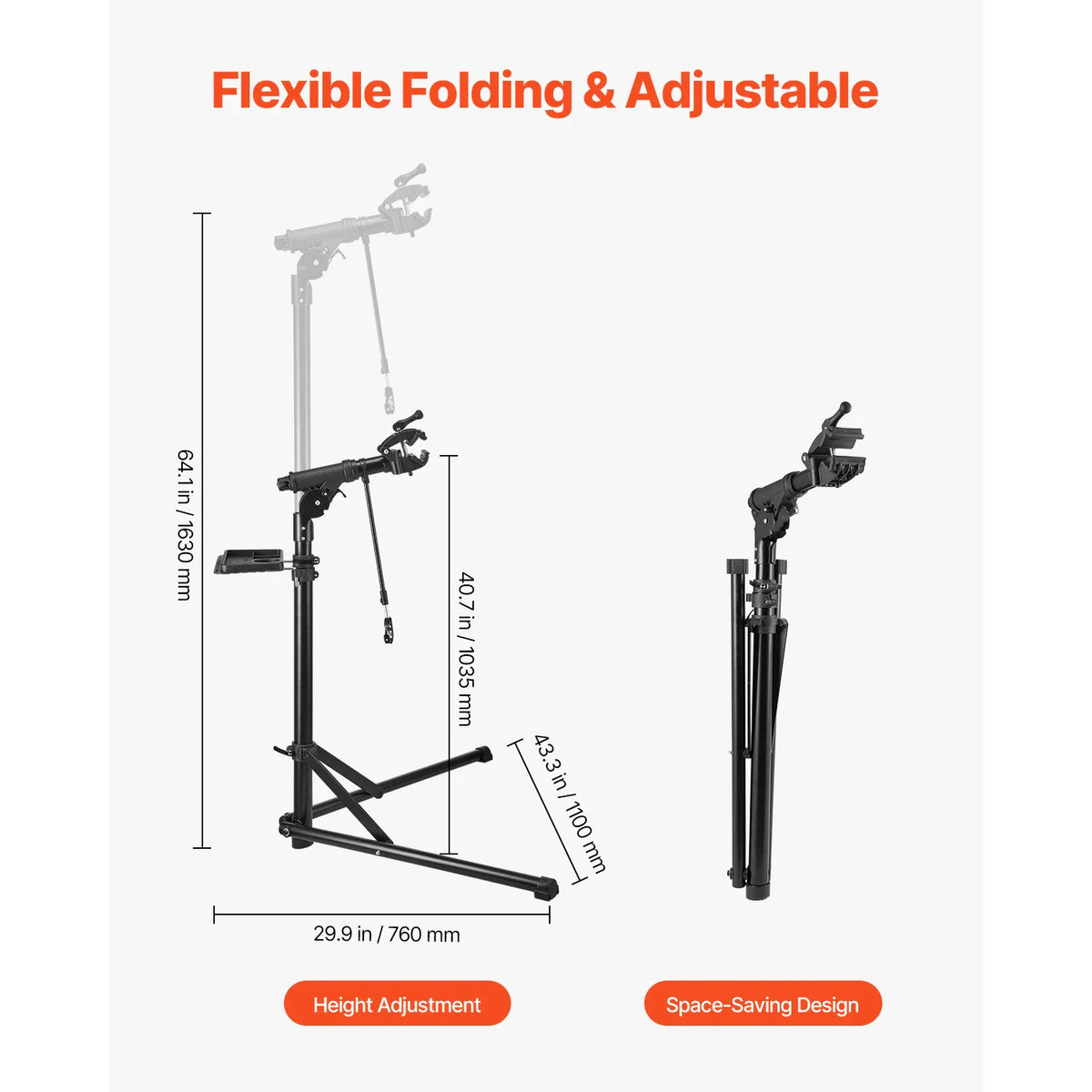 Diagram of a bicycle repair stand with height and size measurements