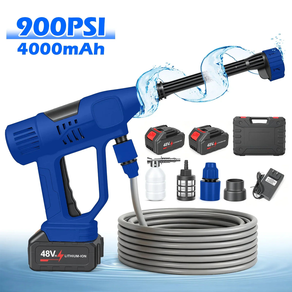 Blue cordless electric power washer kit with hose, two batteries, and accessories