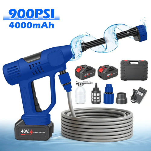 Blue cordless electric power washer kit with hose, two batteries, and accessories