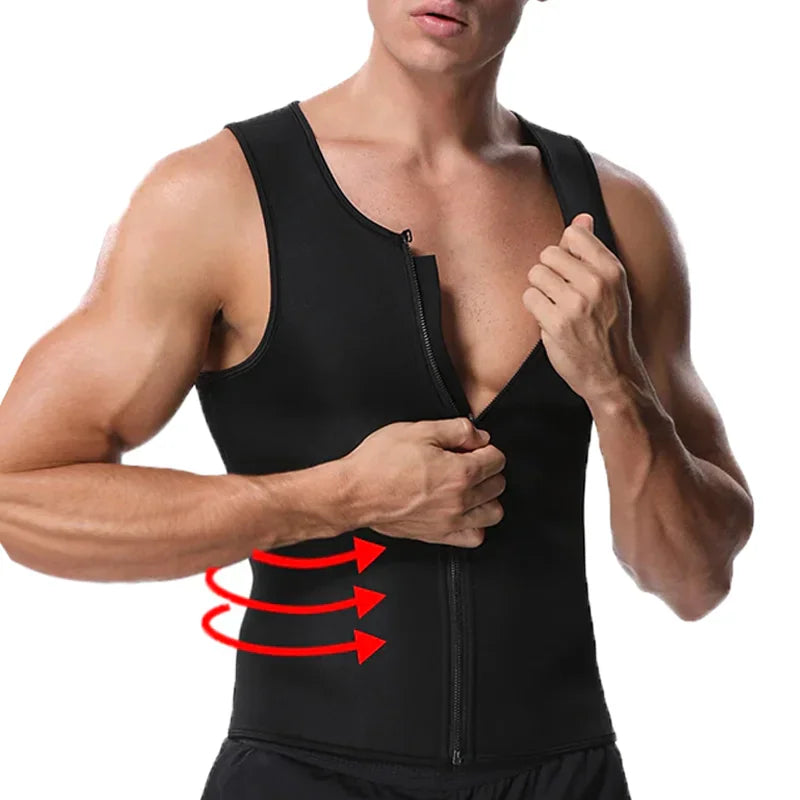 Men's black neoprene zip-up waist trainer vest for weight loss and fitness