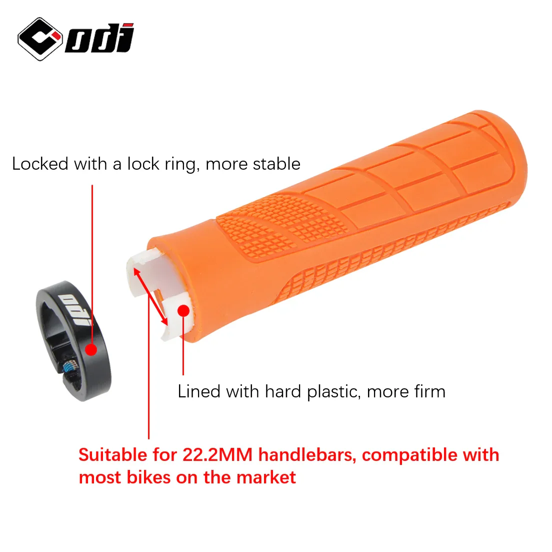 A close up view of an orange rubber bicycle handlebar grip showing the locking ring and inner plastic construction