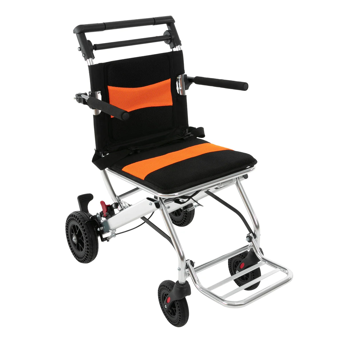 Portable folding transport wheelchair with black and orange padded seat and silver frame