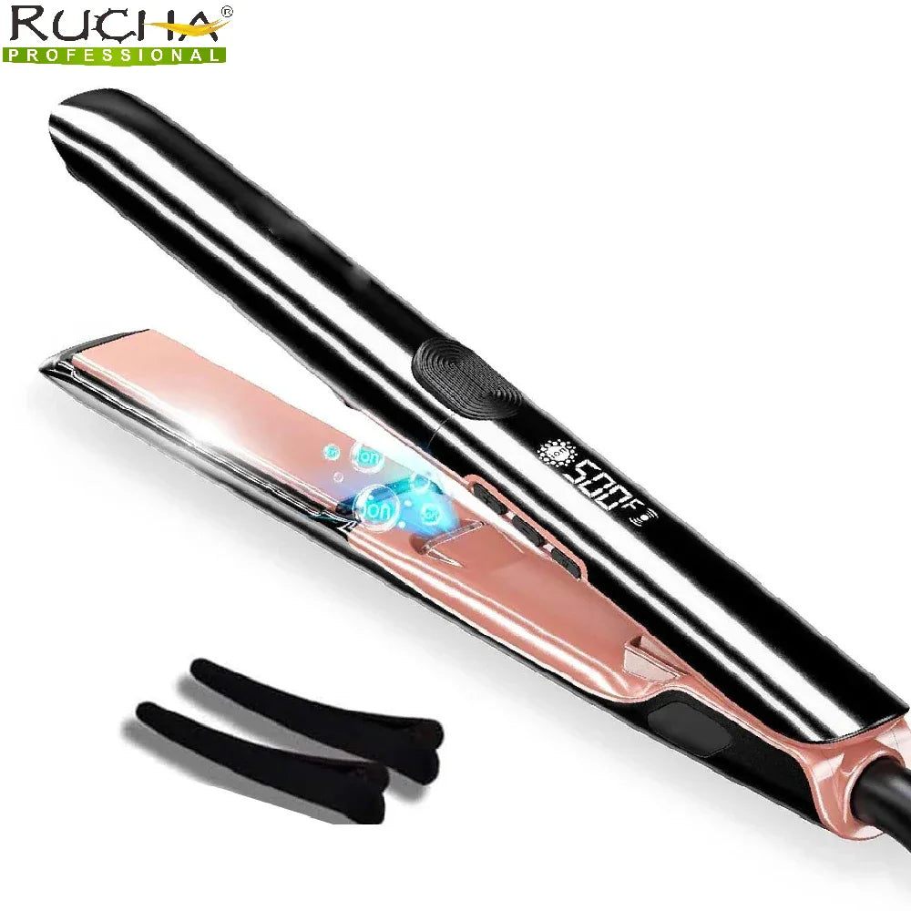 Black and rose gold hair straightener with two hair clips