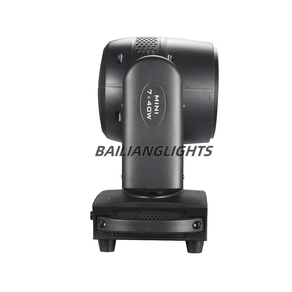Side profile view of a 7x40W RGBW moving head stage light
