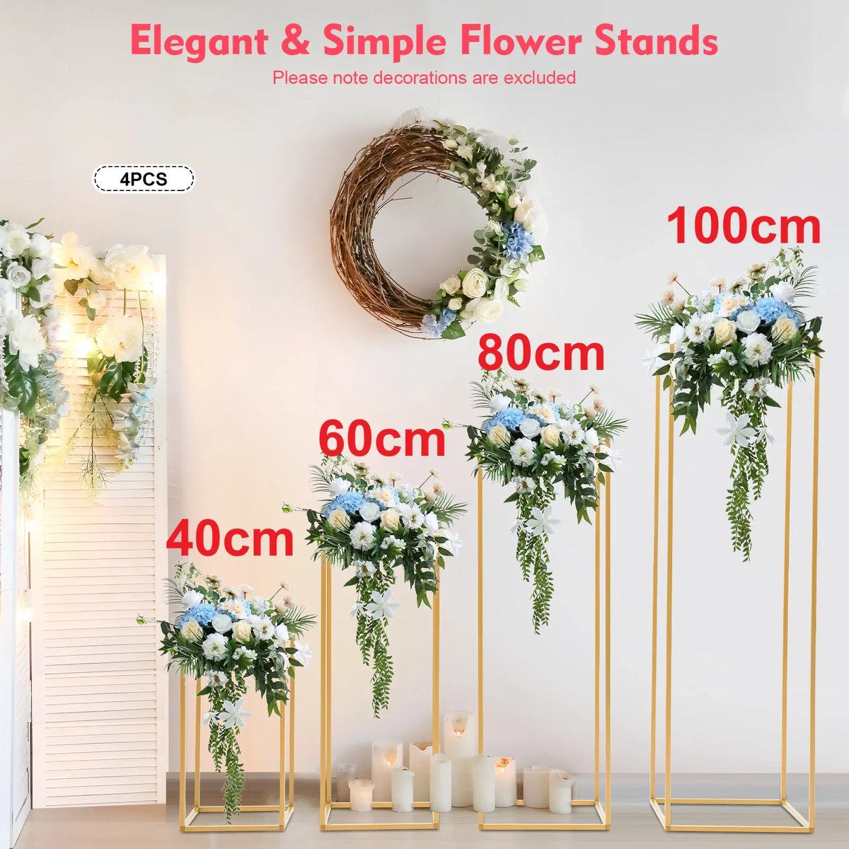 Set of four gold metal rectangular flower stands in different heights displayed with floral arrangements