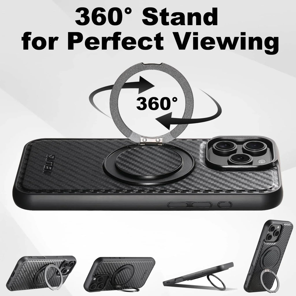 Black carbon fiber-style protective phone case with a built-in circular magnetic kickstand ring – view 2