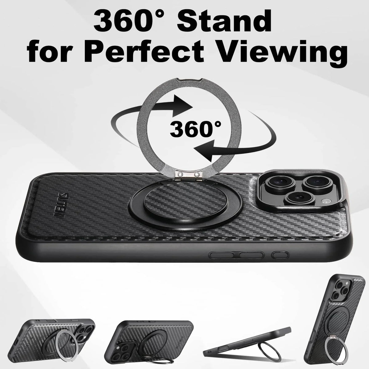 Black carbon fiber-style protective phone case with a built-in circular magnetic kickstand ring – view 2