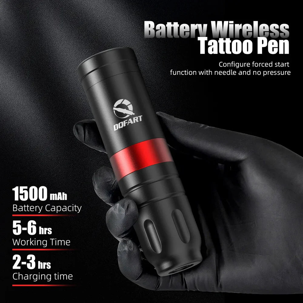 Hand holding a wireless tattoo pen with battery life and technical specifications text.