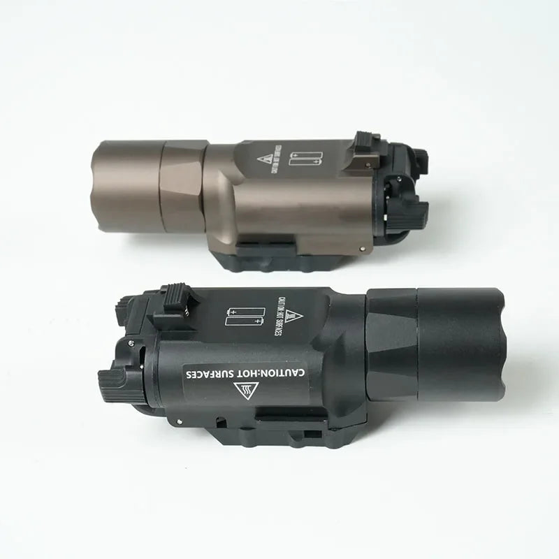 Two tactical LED flashlights in black and metallic brown on a white background