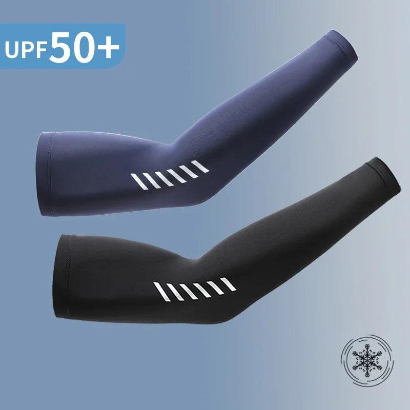 Pair of sun protective arm sleeves in blue and black with UV protection rating icon