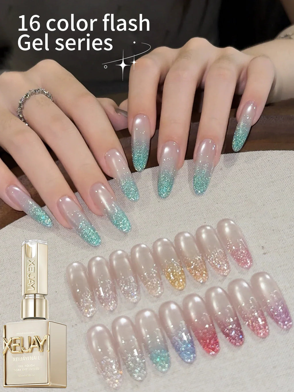 A woman's hands showing long fingernails with a glittery ombre nail polish design.