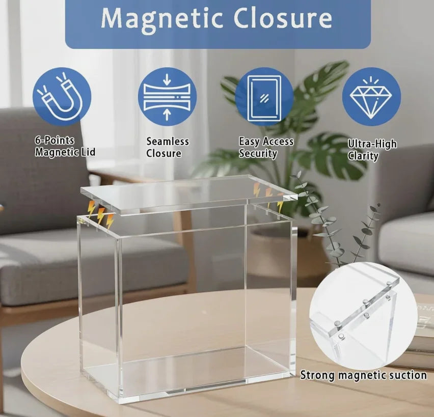 Clear acrylic magnetic display case showing lid and closure details
