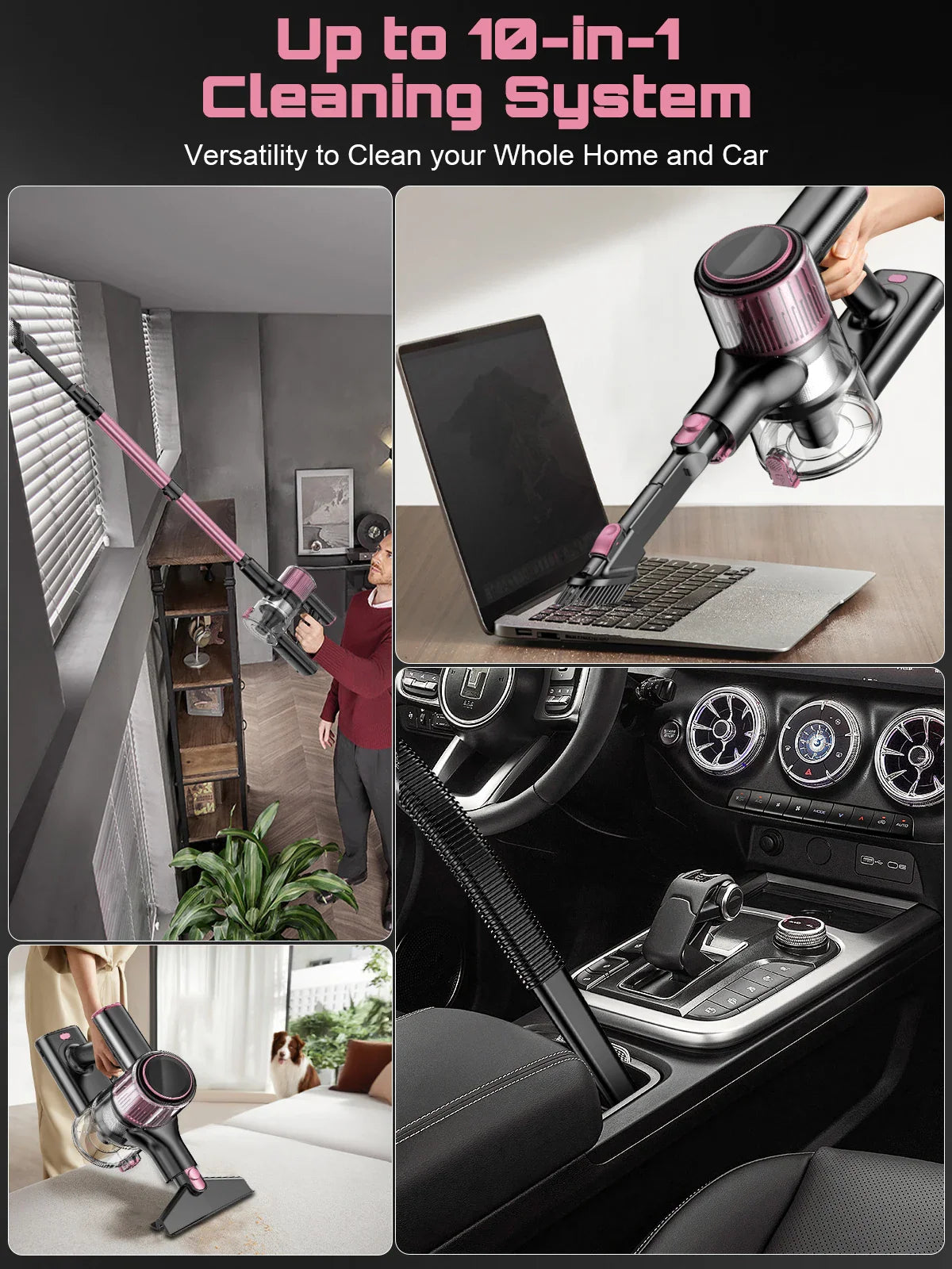 10-in-1 cordless vacuum cleaner being used to clean a laptop, car interior, and furniture