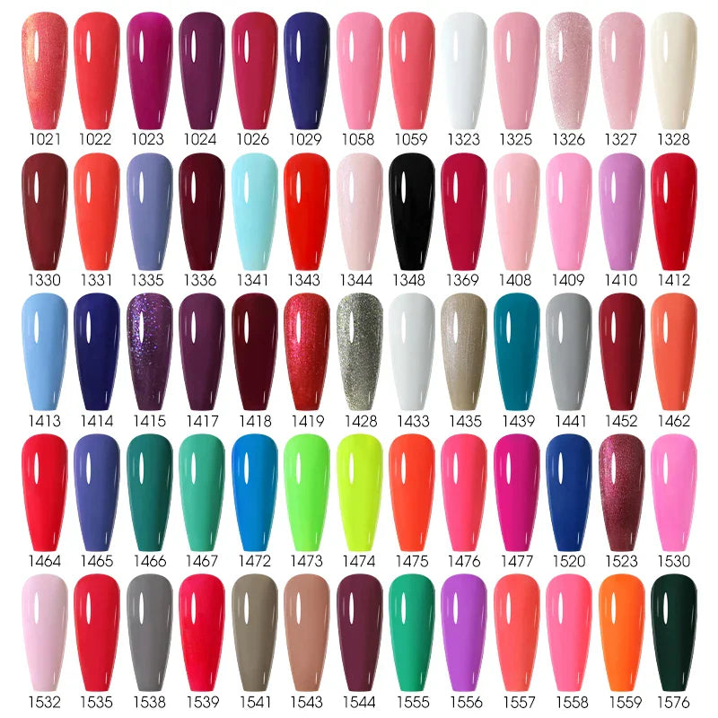A large collection of colorful gel nail polish swatches with individual shade numbers displayed in a grid.