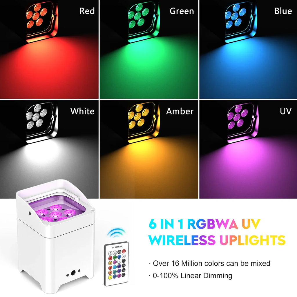 Set of wireless RGBWA plus UV LED par lights showing different color output options