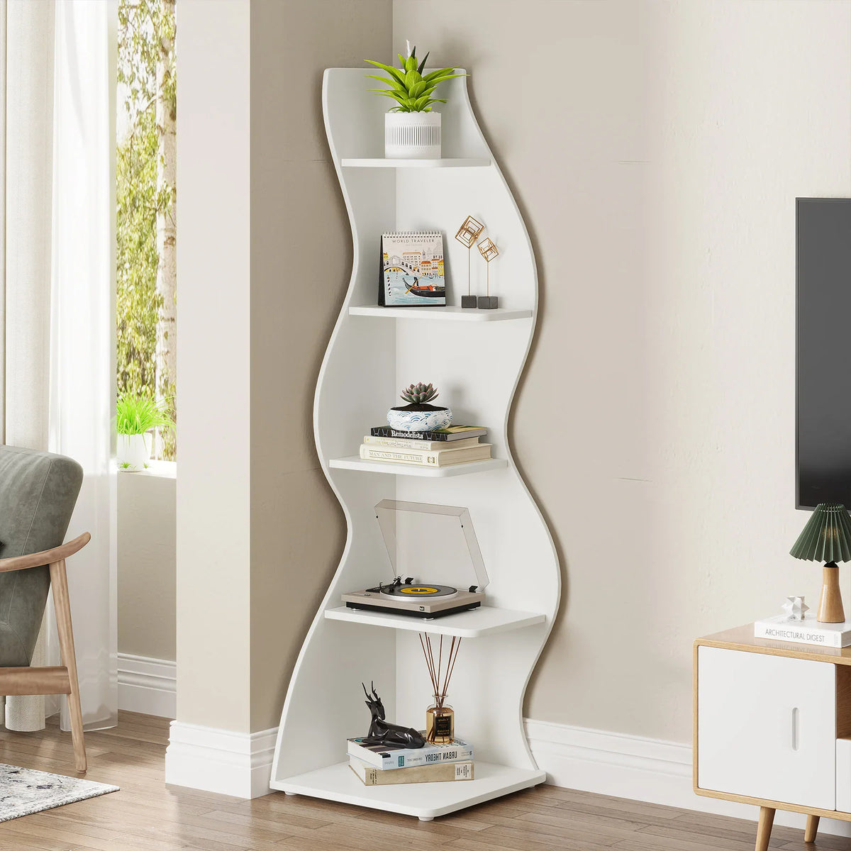 White 5-tier wavy corner shelf holding decor, books and a small plant, in a bright home interior