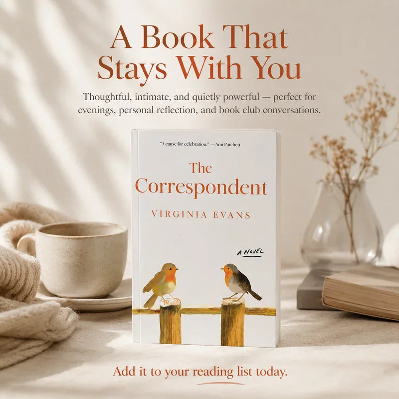 Hardcover book titled The Correspondent in a cozy setting with coffee and decor, accompanied by promotional call-to-action
