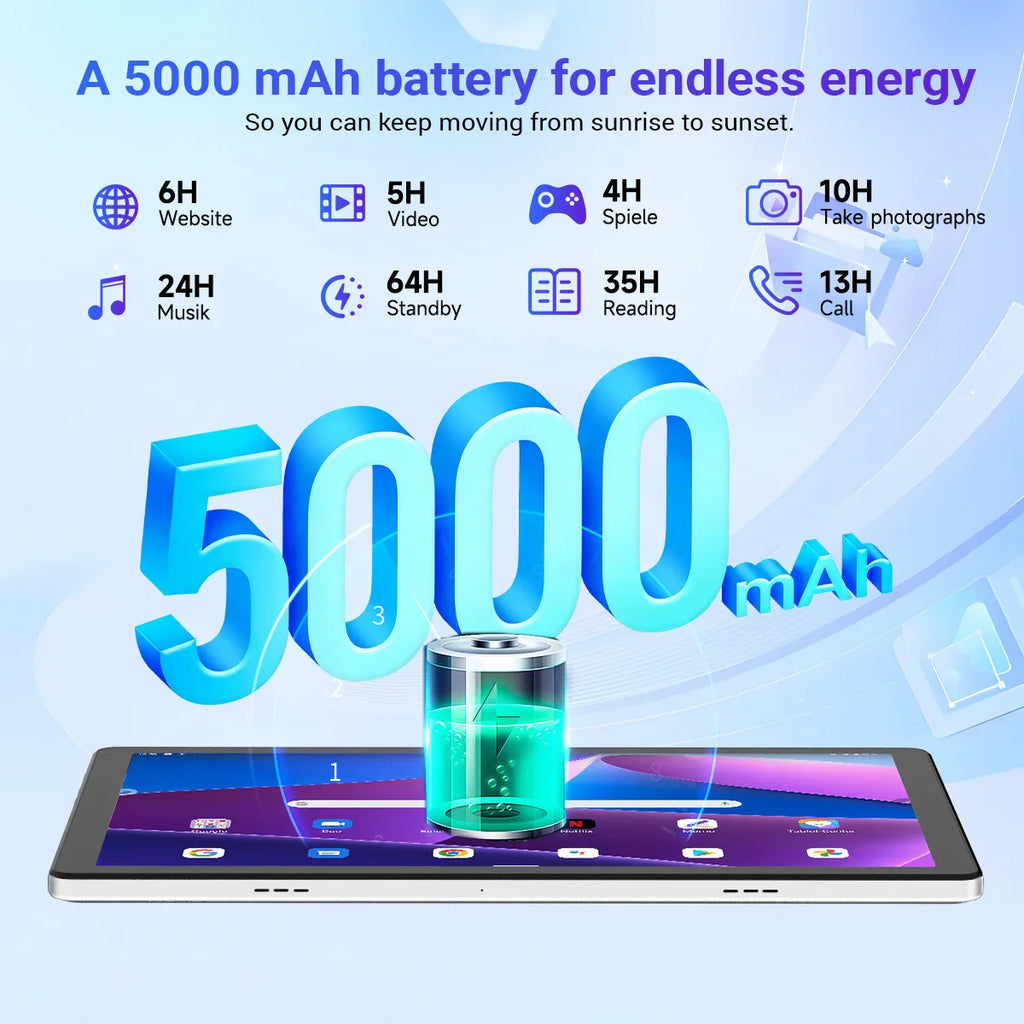 Android tablet showcasing 5000 mAh battery life for various daily tasks including video and gaming