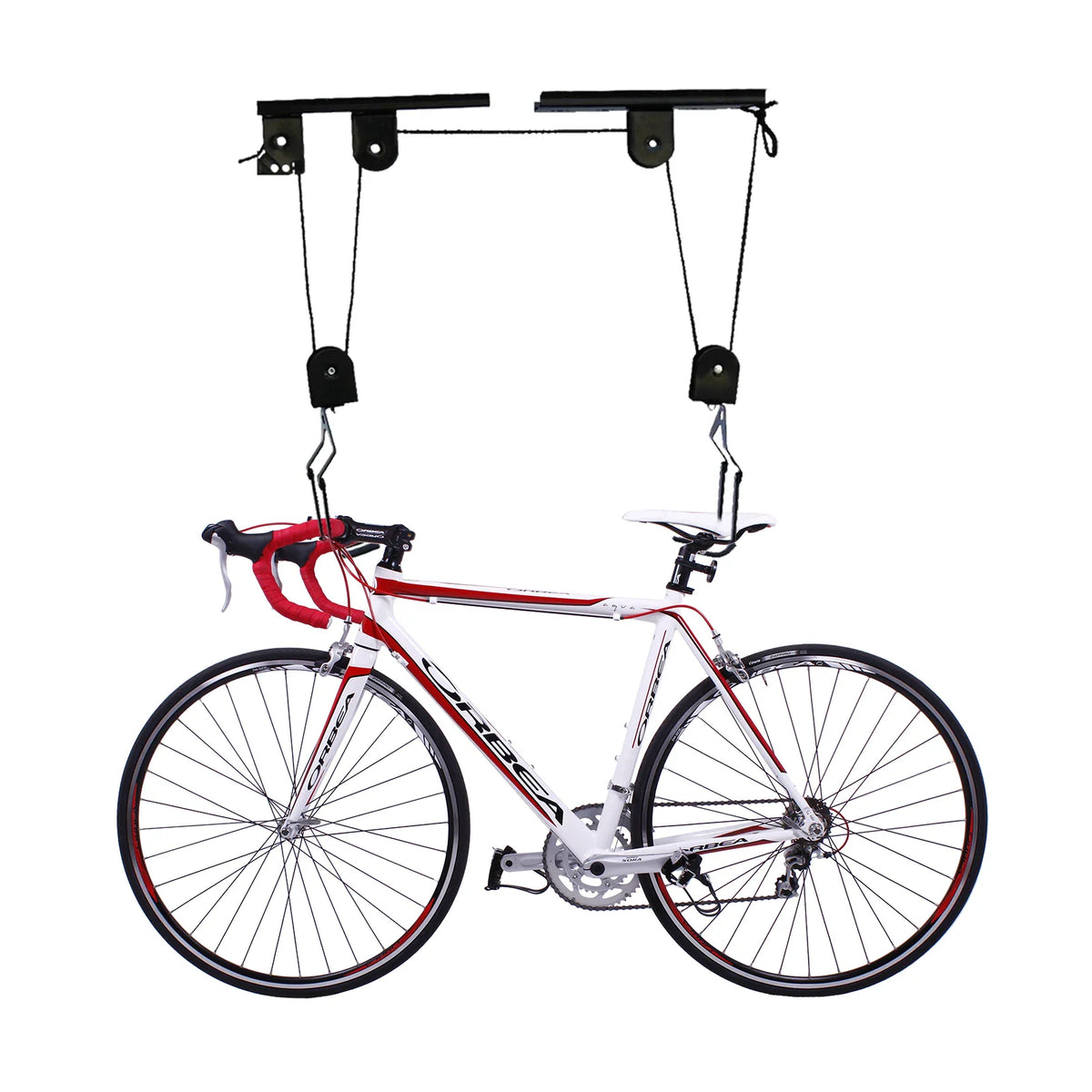 Black steel bicycle ceiling lift hoist with pulley system and hooks