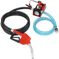 Portable electric fuel transfer pump kit with hose, nozzle, and battery clips