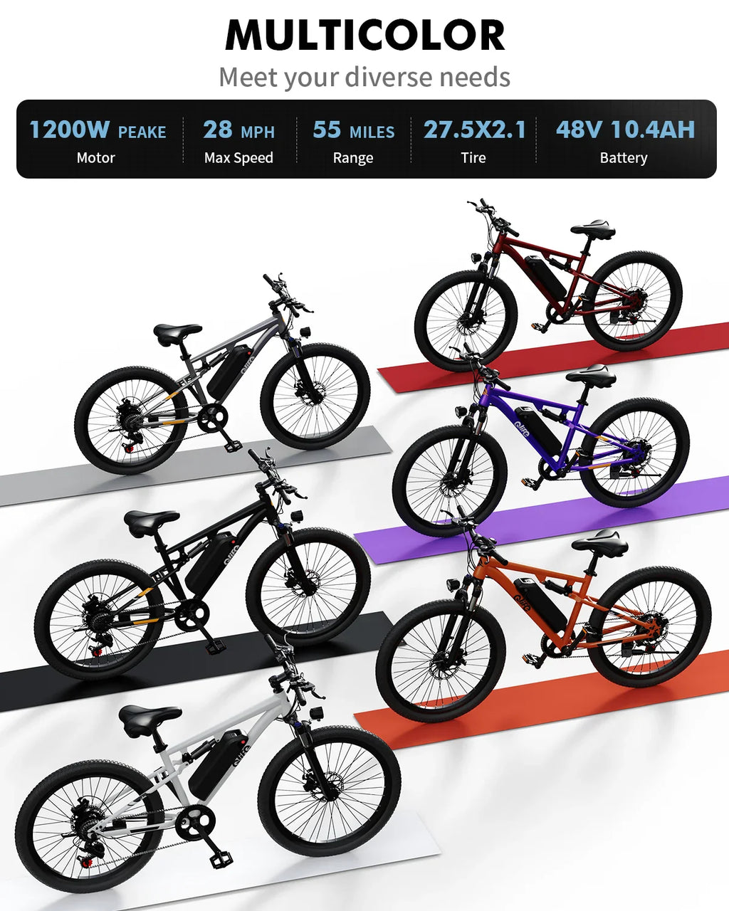 Display of the same electric mountain bike model available in five different colors